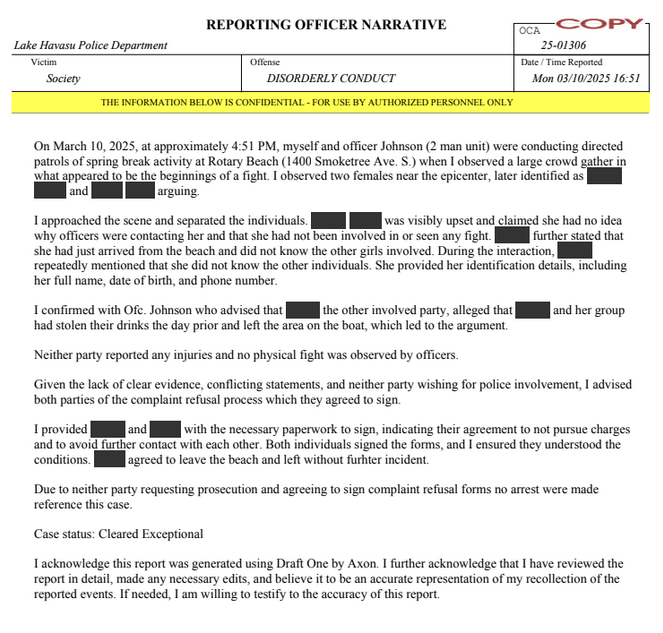 A police report peppered with redactions. 