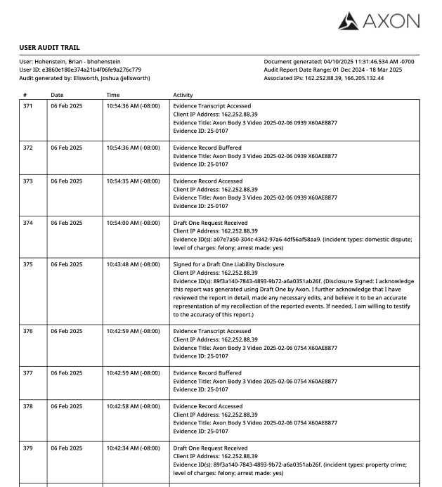 A document titled "Audit Trail" for user Brian Honenstein that has entries on February 6, 2025 for "Draft One Request Received" and "Signed for a Draft One Liability Disclosure"