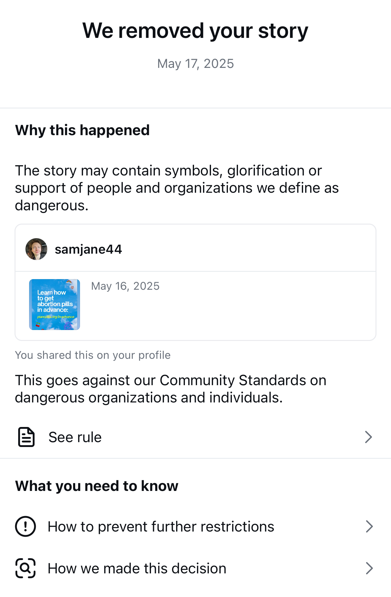 a screenshot showing the user's post being flagged under Meta's DOI policy